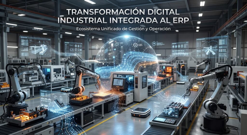 IMAGEN: Diagrama transformacion digital industrial ERP integrando planta y finanzas para ROI 25-40% en manufactura 2026