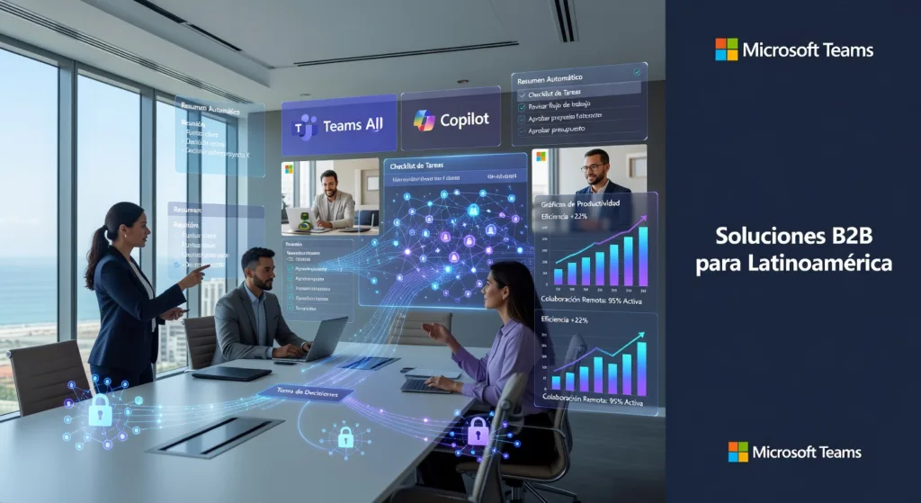 IMAGEN: Configuracion Teams Copilot en acción: interfaz IA integrando reuniones eficientes, reduciendo 30% tiempo según Microsoft 2026