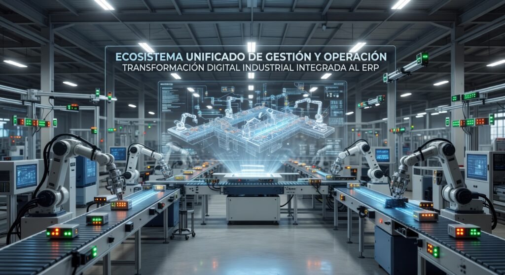 IMAGEN: Diagrama transformacion digital industrial ERP integrando sistemas para eficiencia fabril 2026